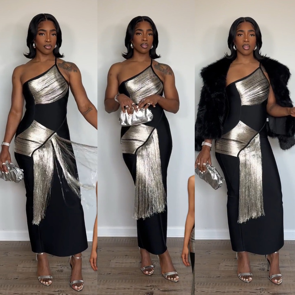 Bandage Metallic Accent One-Shoulder Black Evening Dress